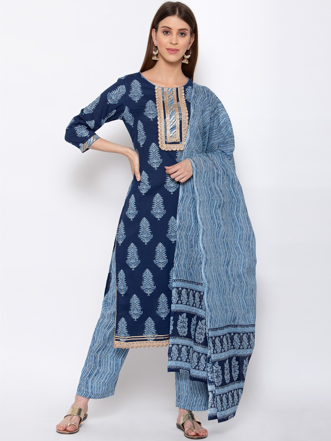 

Yuris Women Navy Blue Ethnic Motifs Printed Pure Cotton Kurta with Trousers & With Dupatta
