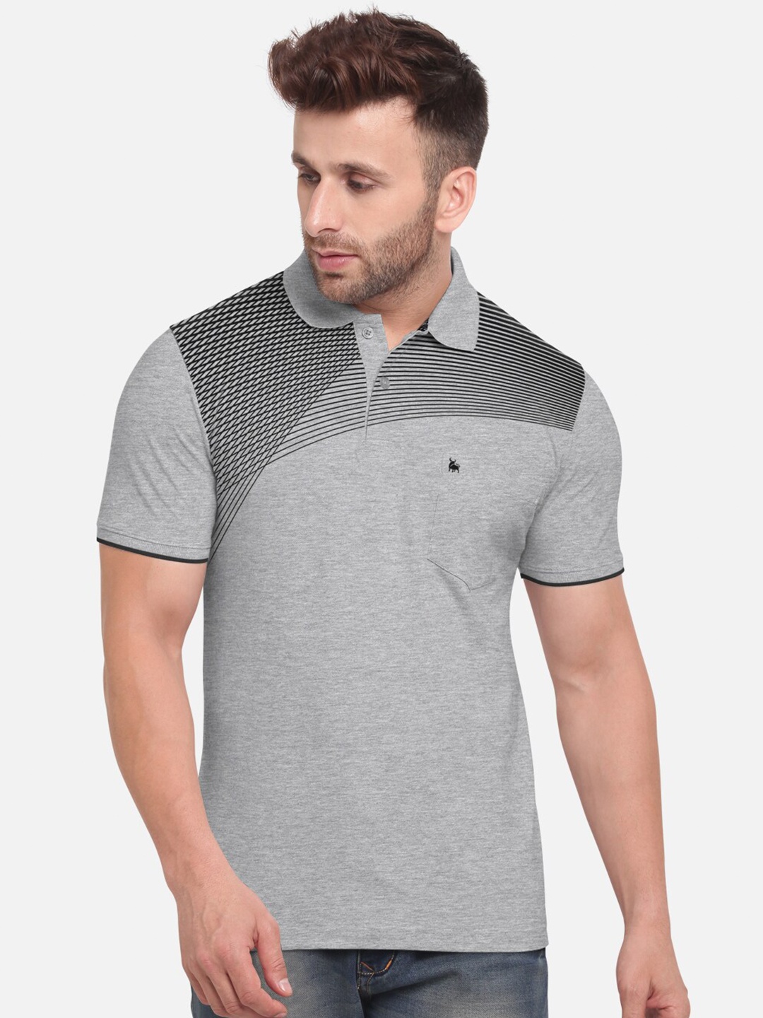 

BULLMER Men Grey & Black Printed Polo Collar T-shirt