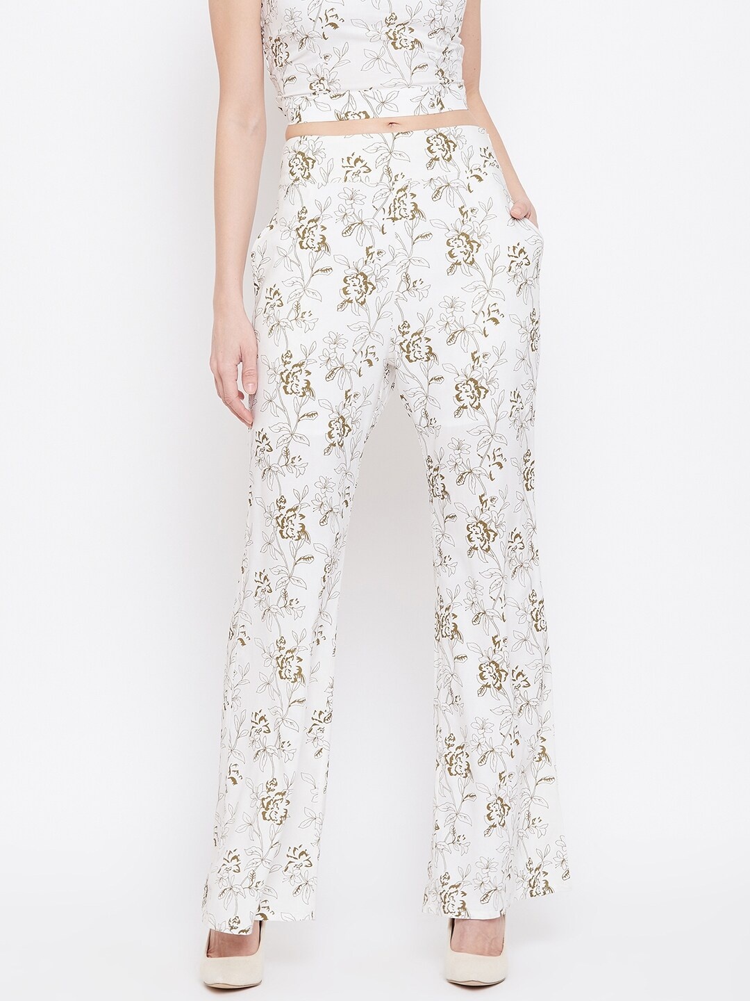 

sandy AND ritz Women Off White & Olive Green Floral Printed Palazzos