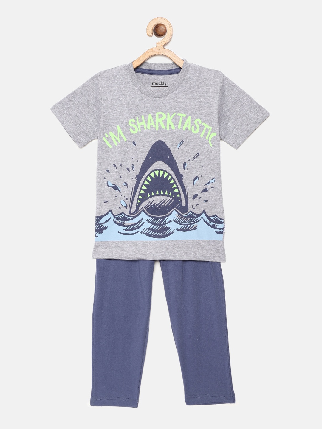 

mackly Boys Grey Melange & Green Shark Printed Night suit