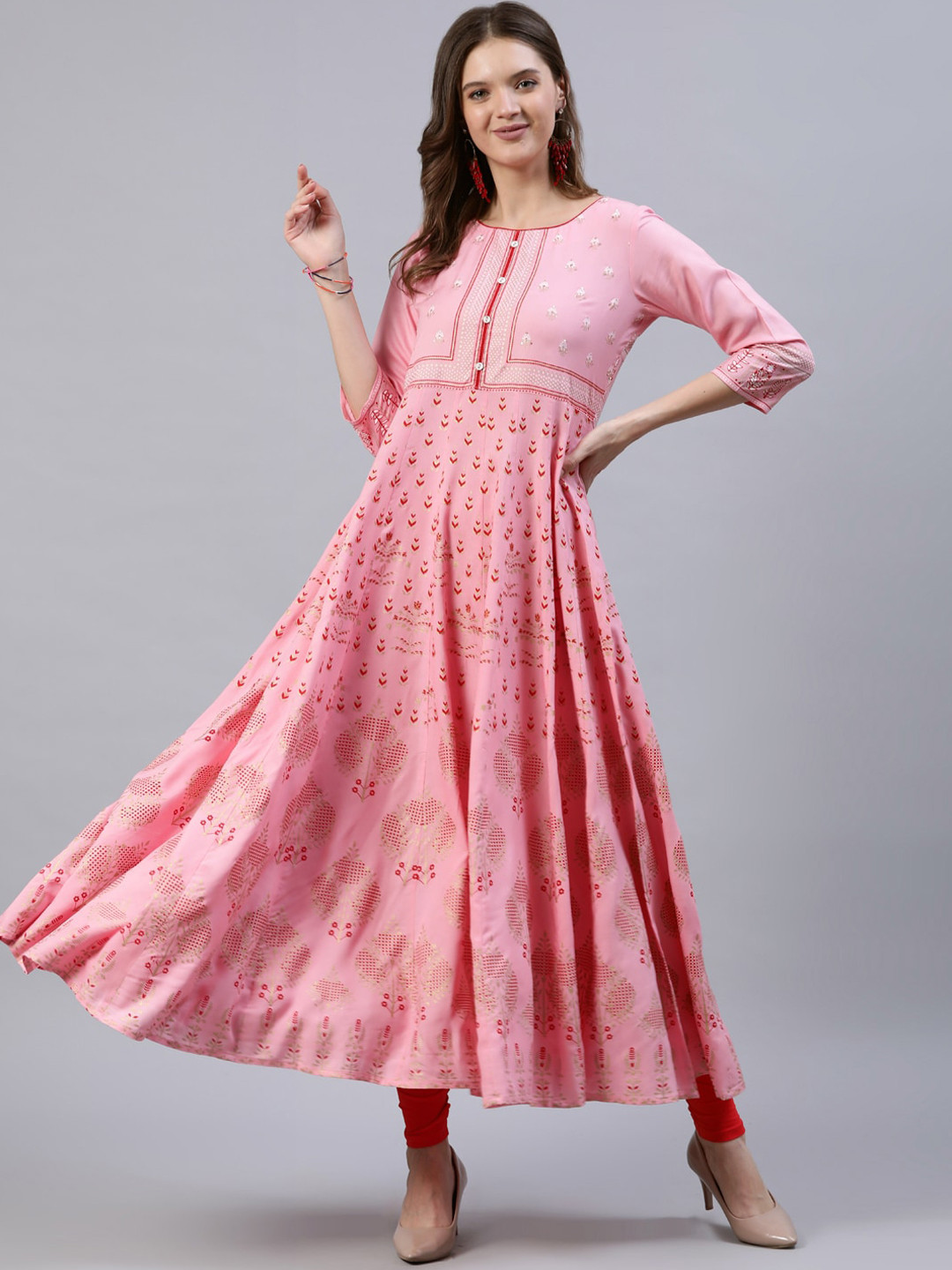 

Jaipur Kurti Women Pink Ethnic Motifs Printed Keyhole Neck Thread Work Anarkali Kurta