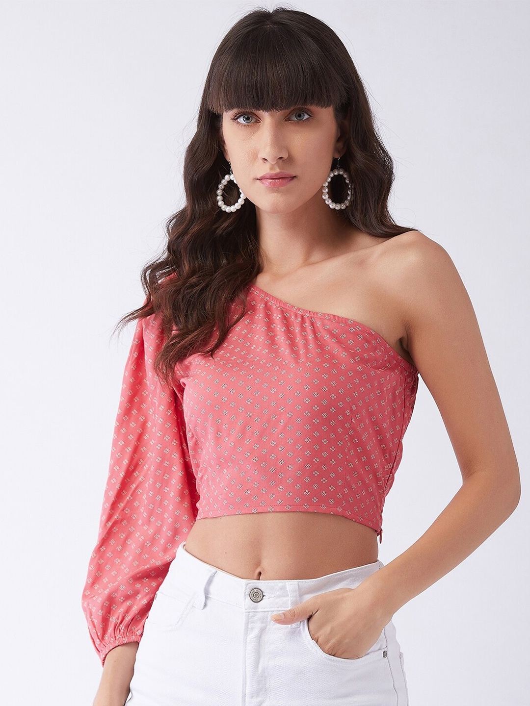 

MAGRE Women Pink Micro Printed One Shoulder Bralette Crop Top