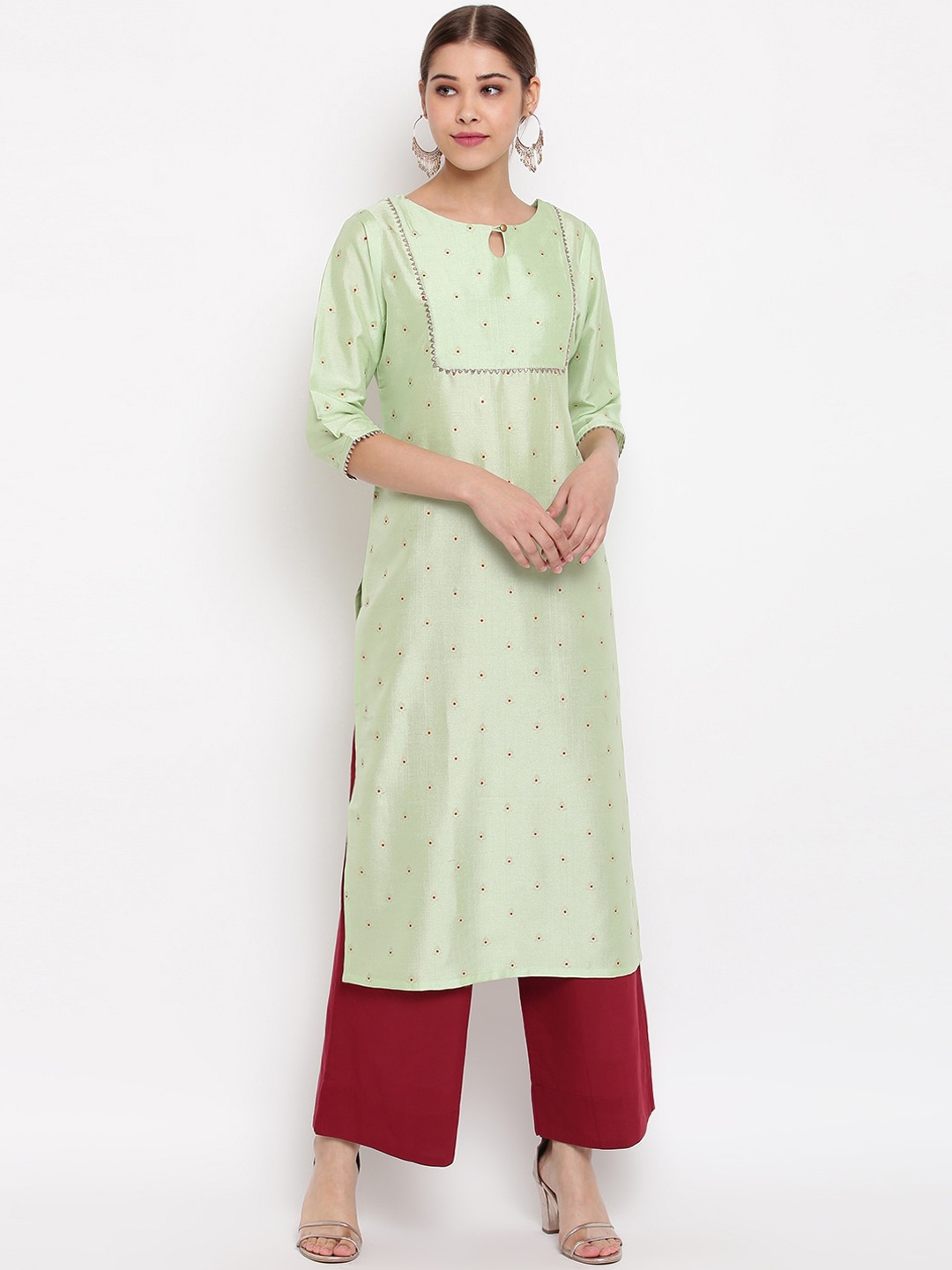 

Janasya Women Green Printed Keyhole Neck Kurta