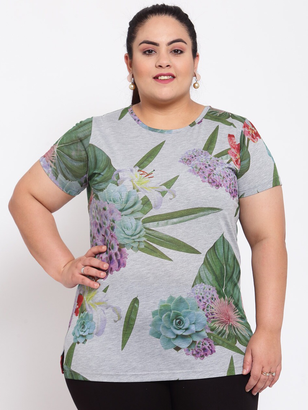 

plusS Women Grey Floral Printed Extended Sleeves T-shirt