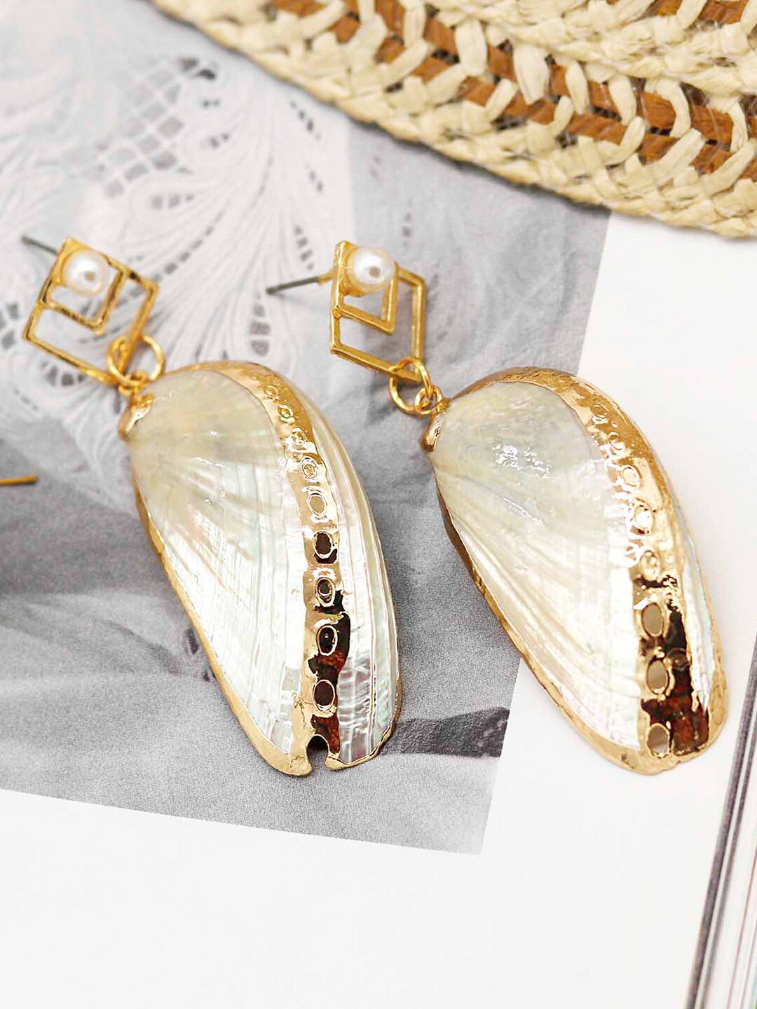 

JOKER & WITCH Women White & Gold Plated Contemporary Shell Drop Earrings