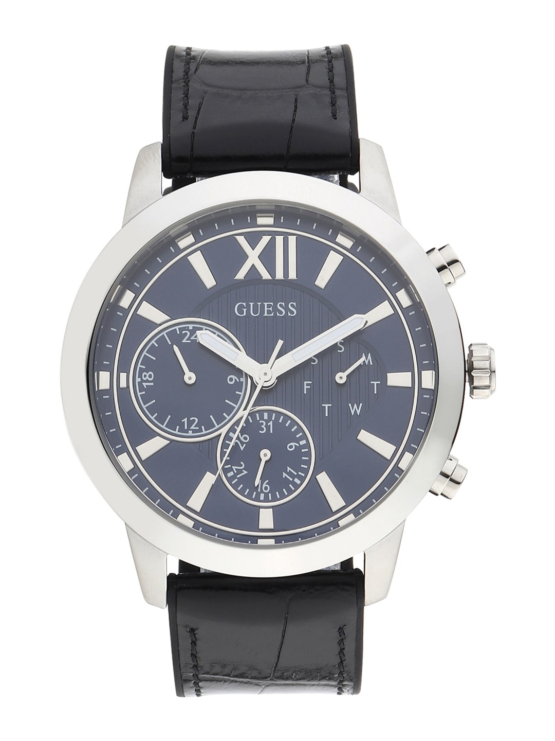 

GUESS Men Blue Dial & Black Leather Textured Straps Analogue Watch