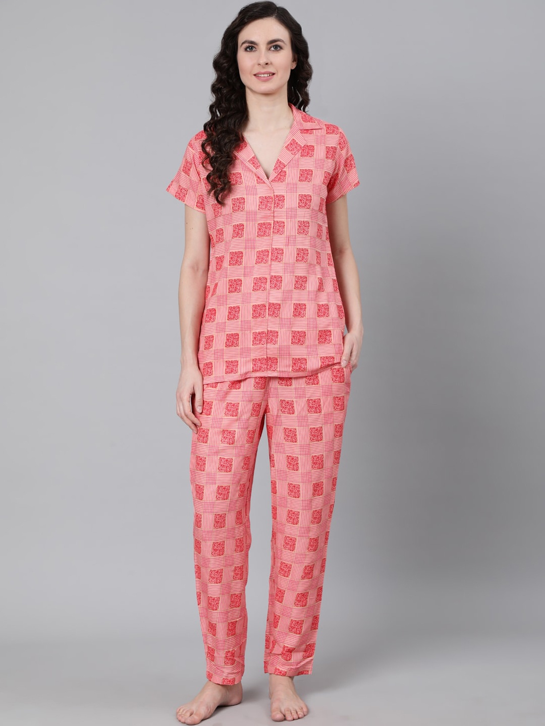 

Nayo Women Pink Geometric Print Pure Cotton Pyjamas Set