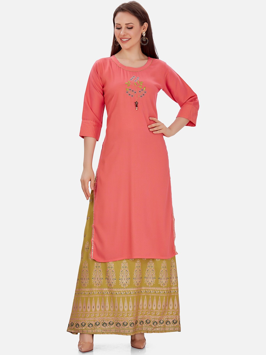 

Kiana Women Peach-Coloured Ethnic Motifs Embroidered Kurti with Printed Skirt