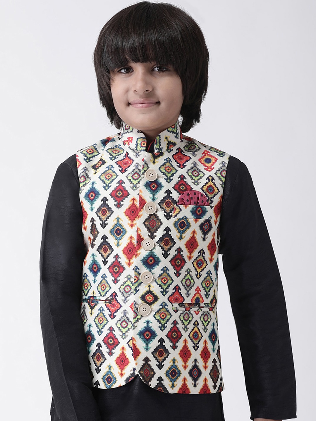 

Hangup Boys Off White & Red Printed Satin Nehru Jacket