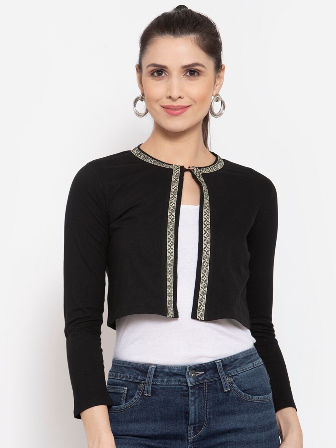 Style Quotient Women Black & White Embellished Crop Shrug