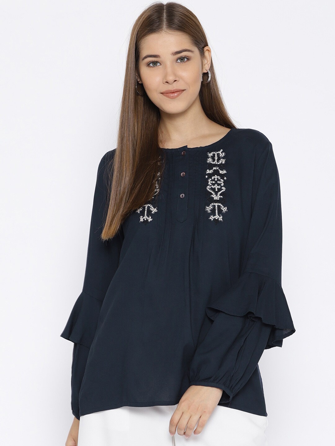 

Vaak Navy Blue Bell Sleeve A-Line Top