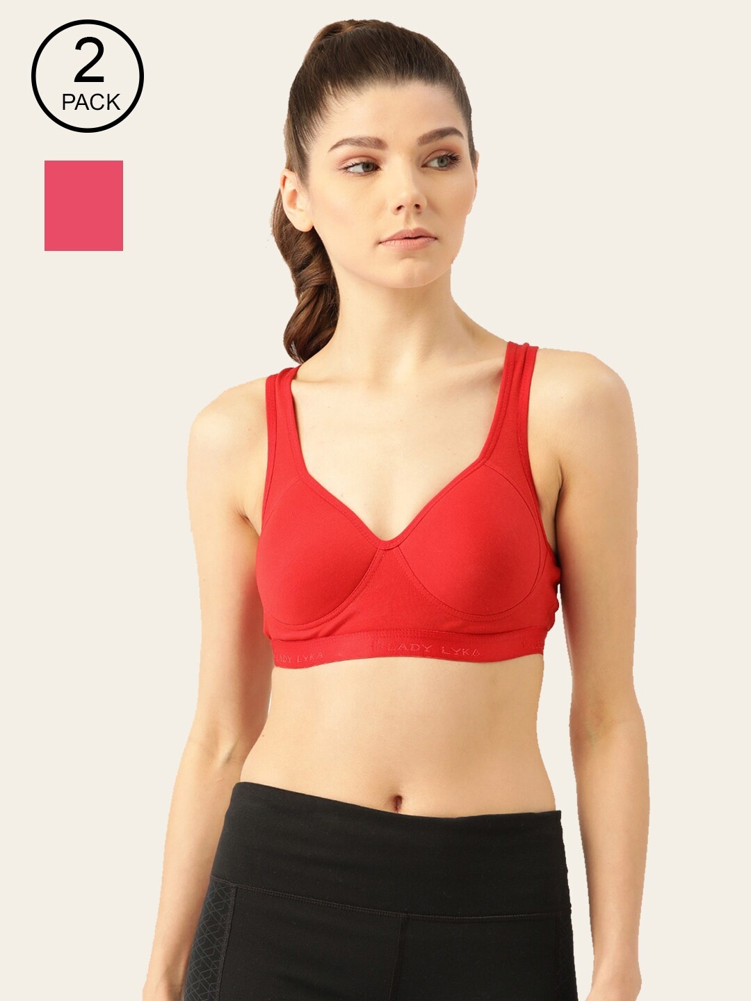 Lady Lyka Pack of 2 Red & Pink Half Coverage Lightly Padded Workout Bra PROVOGUE-RED-FCA