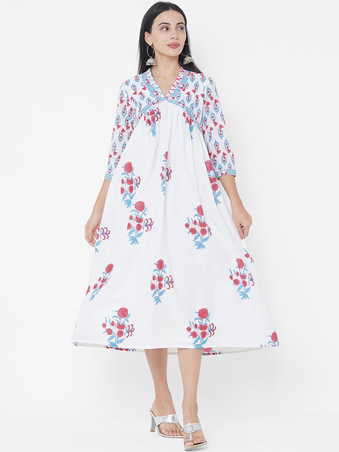 

FASHOR White Floral Printed A-Line Midi Dress