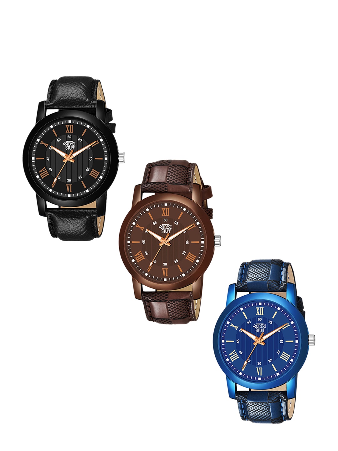 

SWADESI STUFF Unisex Pack Of 3 Leather Straps Analogue Watch SDS 115 ALL 3 WATCH, Blue