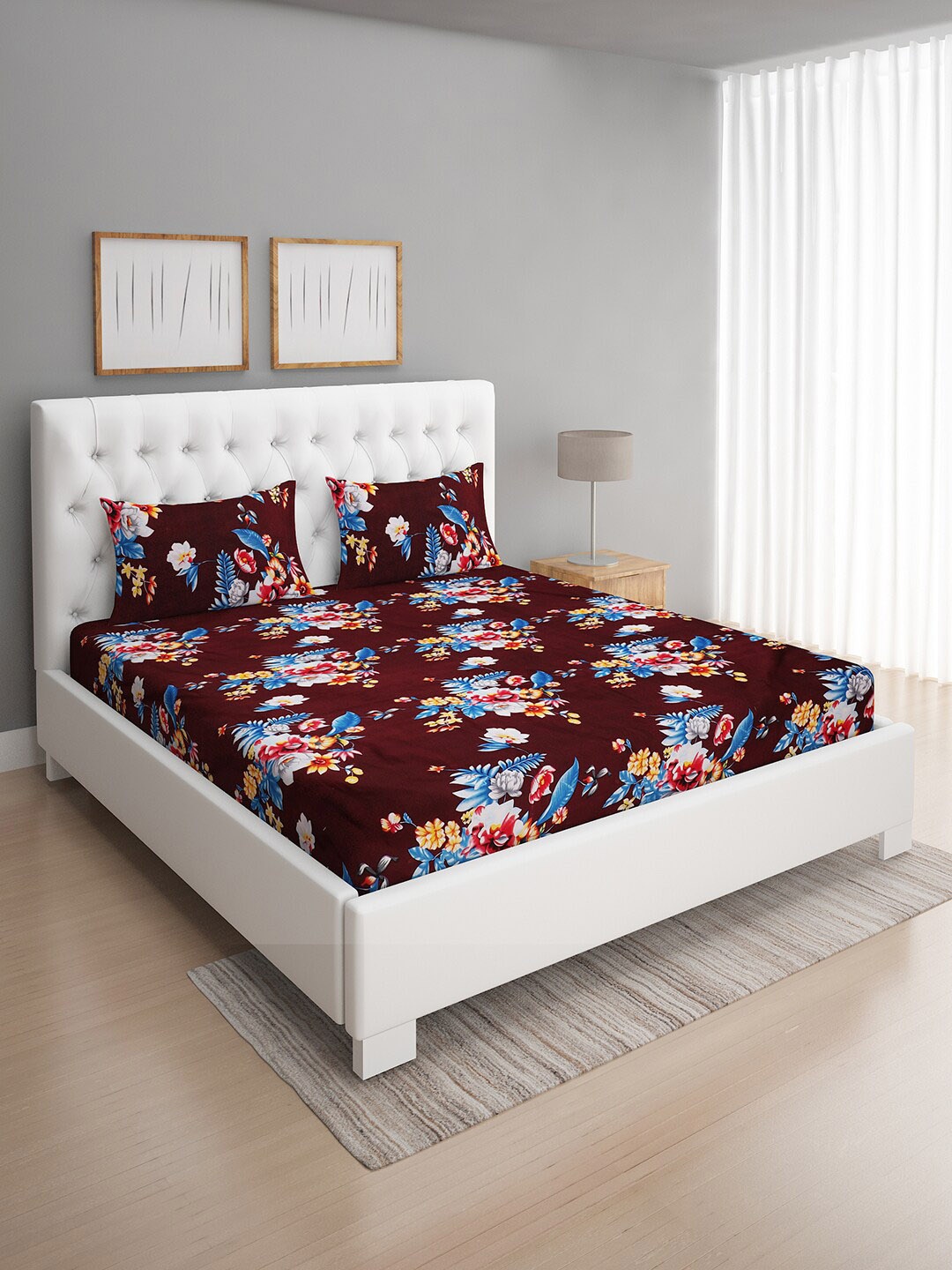 

ROMEE Maroon & Blue Floral 144 TC Microfiber Queen Bedsheet with 2 Pillow Covers