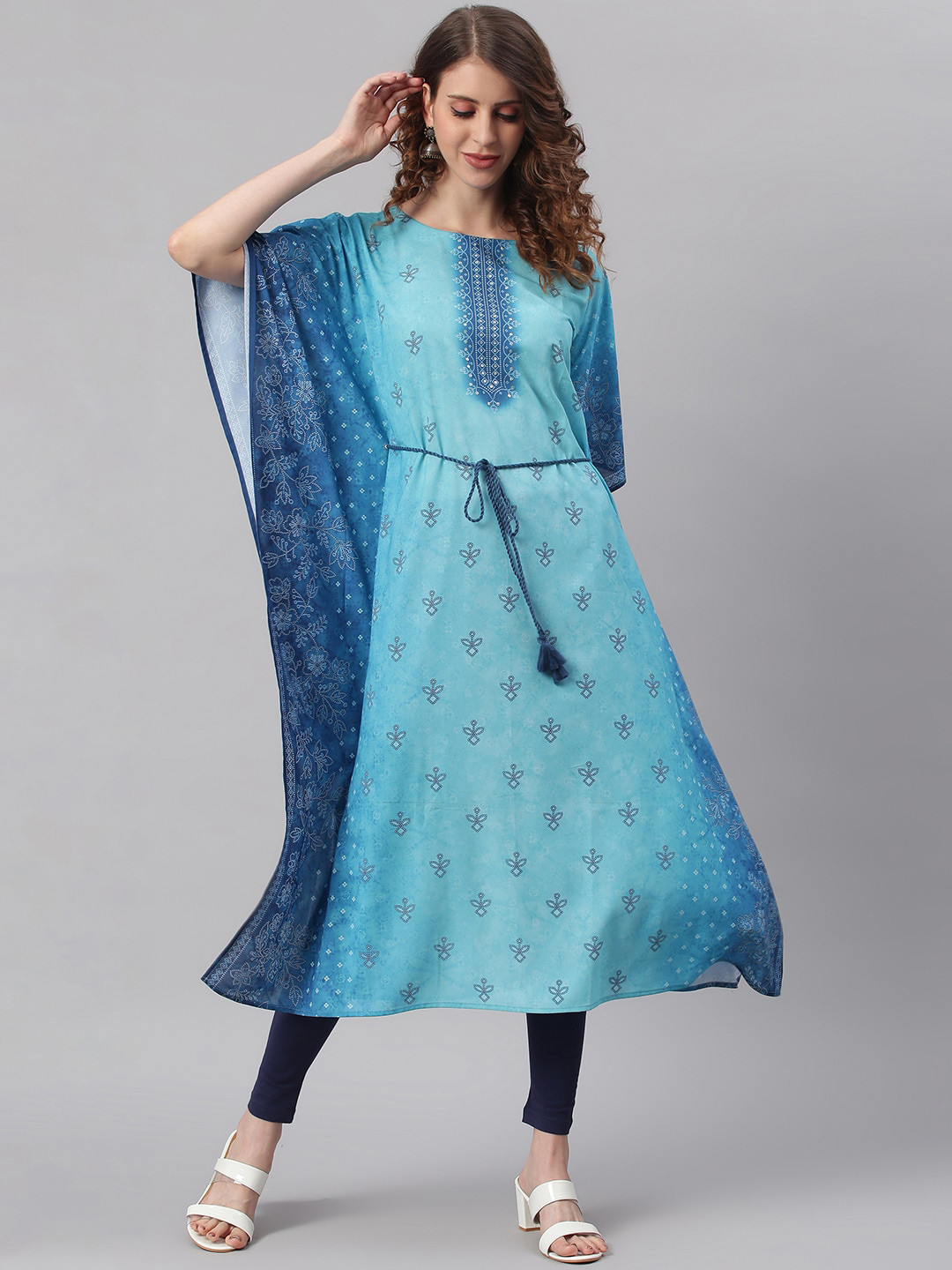 

Janasya Women Blue & White Ethnic Motifs Printed Georgette Kaftan Kurta