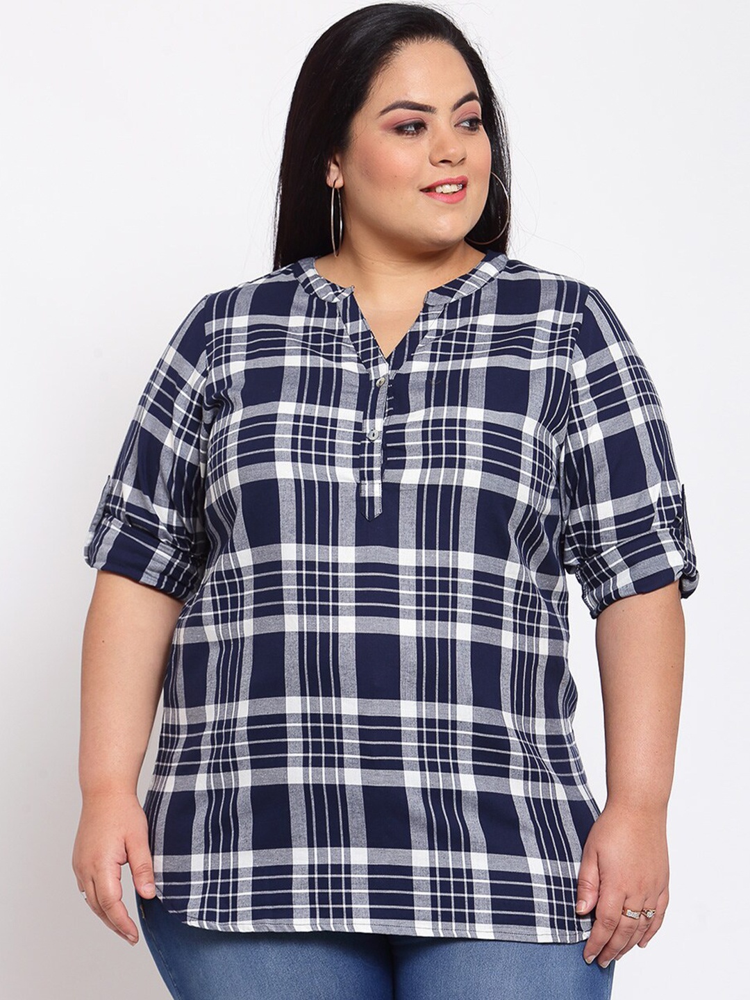 

plusS Navy Blue Checked Cotton Shirt Style Top
