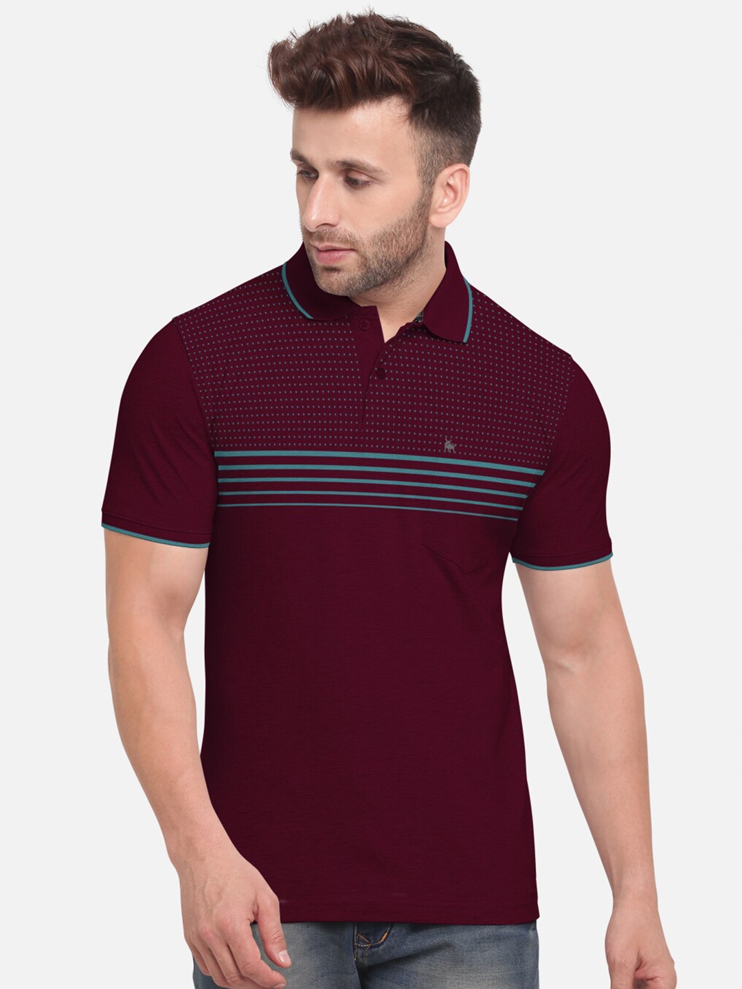 

BULLMER Men Maroon Turquoise Blue Printed Polo Collar Pure Cotton T-shirt