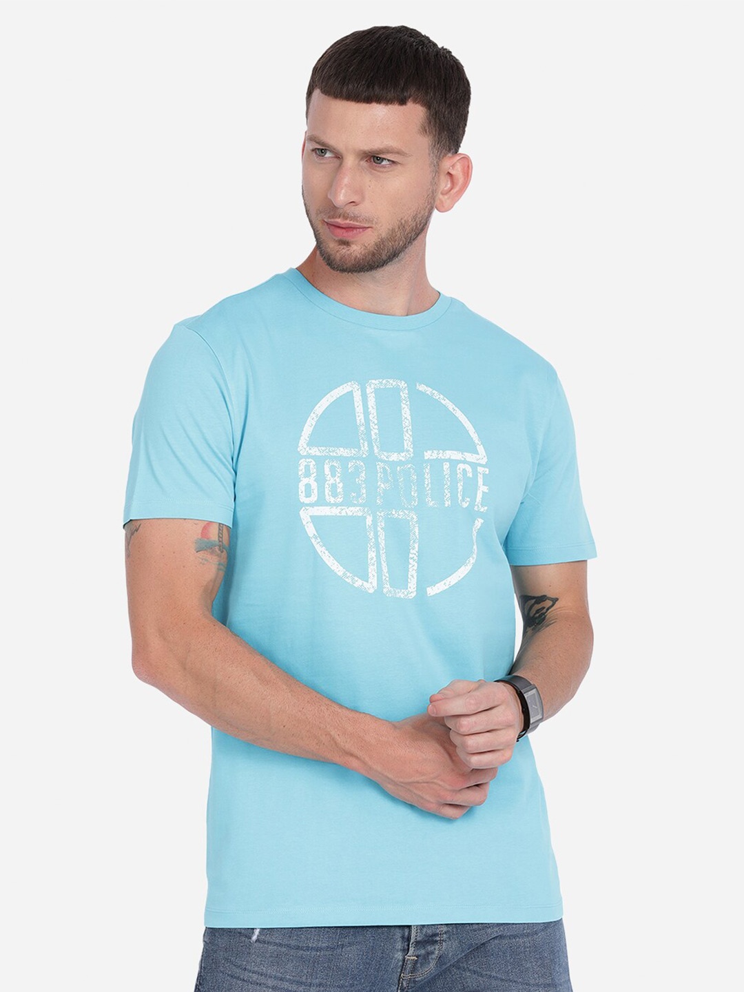 

883 Police Men Turquoise Blue & White Printed T-shirt