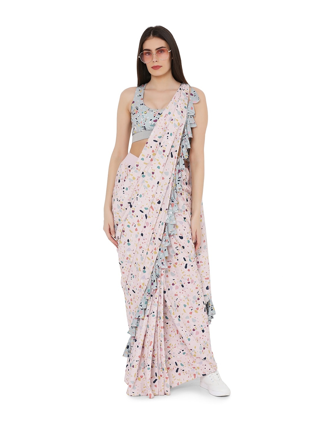 

PS PRET BY PAYAL SINGHAL Pink & Yellow Printed Art Crepe Ready To Wear Saree