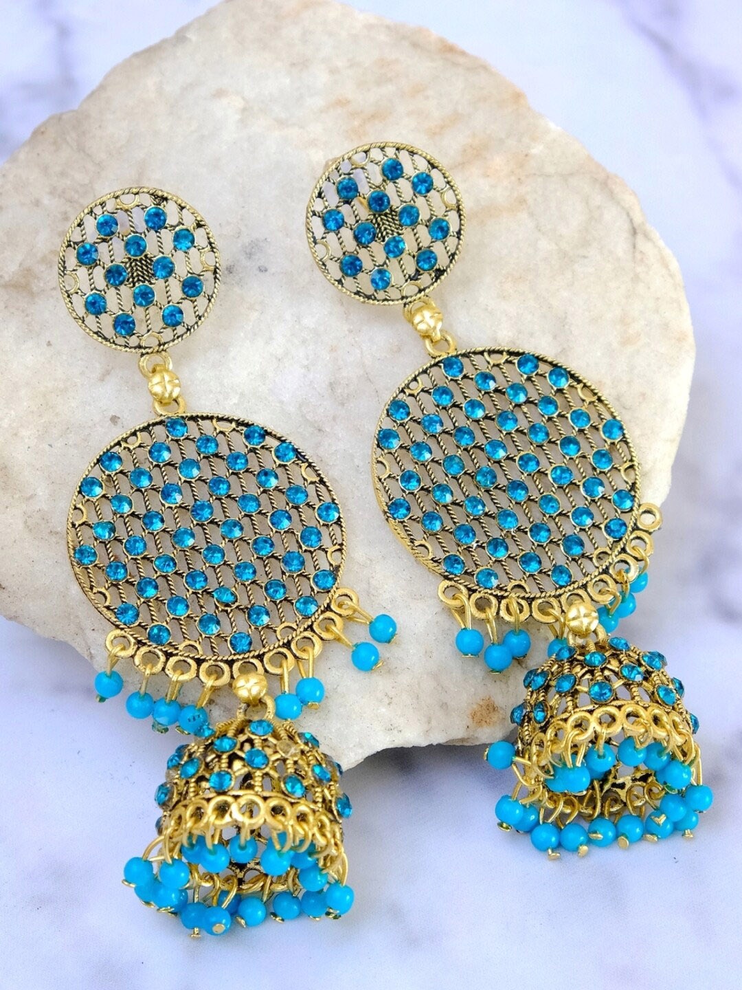 

Crunchy Fashion Gold-Plated & Blue Stones & Beads Studded Contemporary Jhumkas Earrings