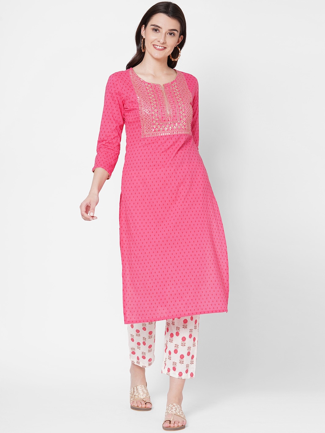 

FASHOR Women Pink Floral Yoke Design Panelled Pure Cotton Kurta with Trousers