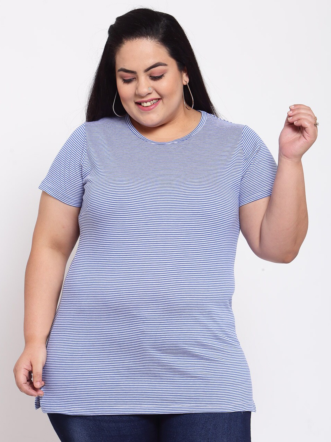 

plusS Women Blue & White Striped T-shirt