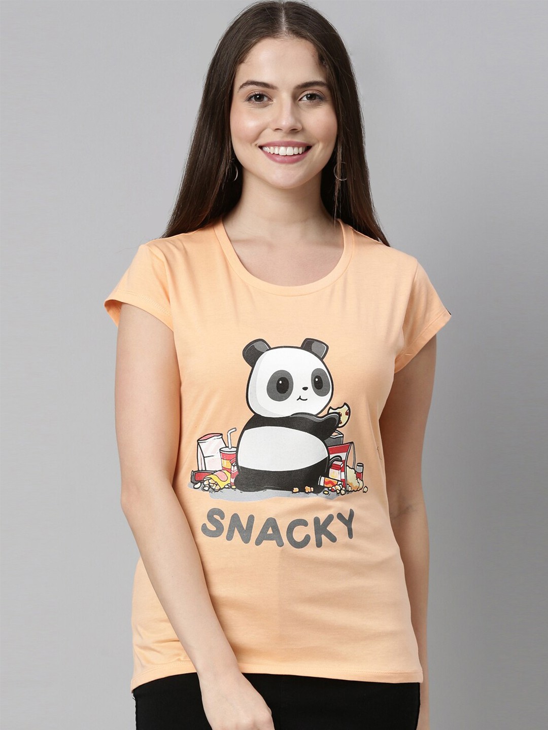 

Bushirt Women Peach-Coloured Snacky Printed Pure Cotton T-shirt