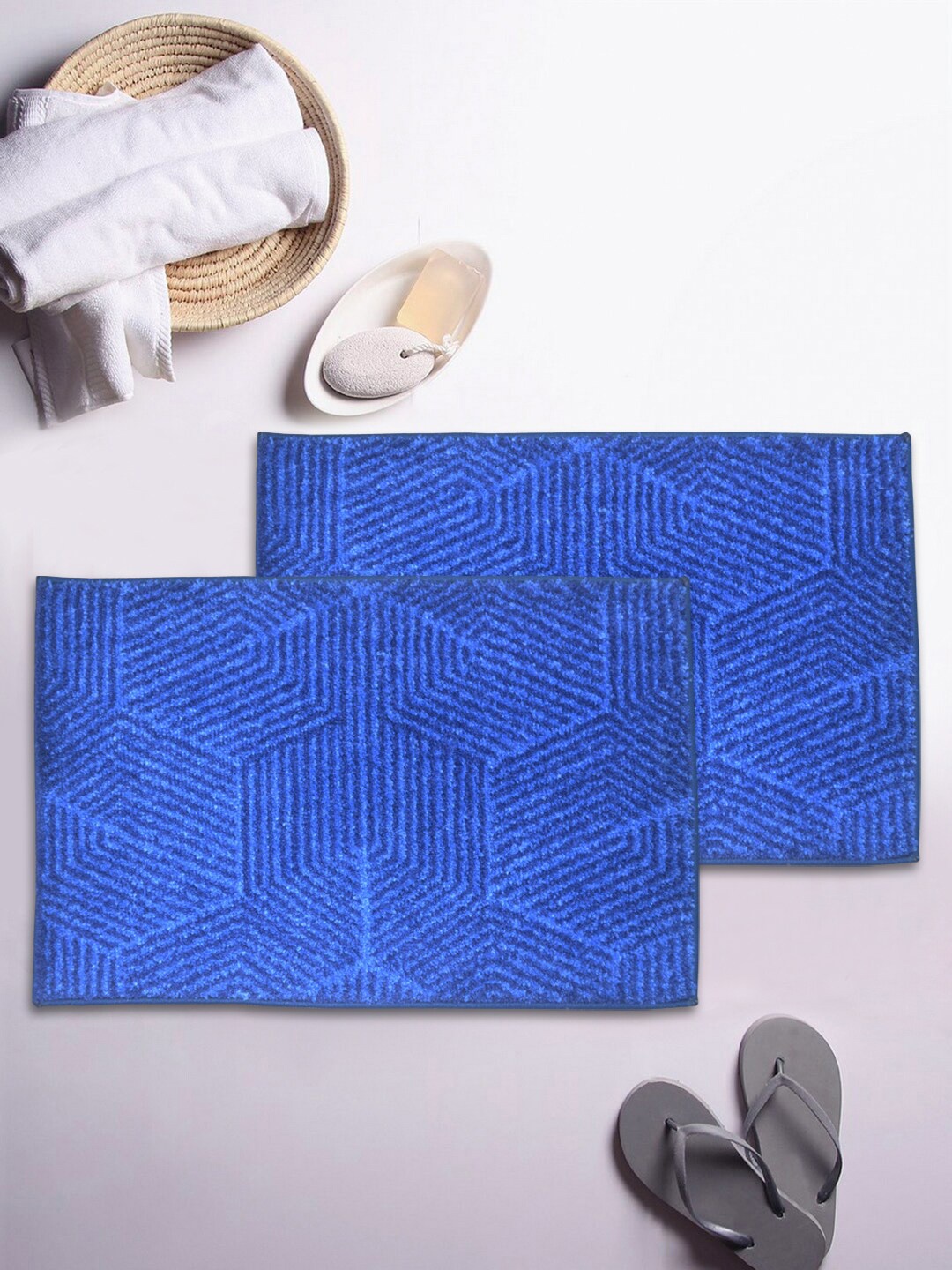 

BIANCA Set Of 2 Blue Textured 1850 GSM Microfibre Anti-Skid Bath Rugs