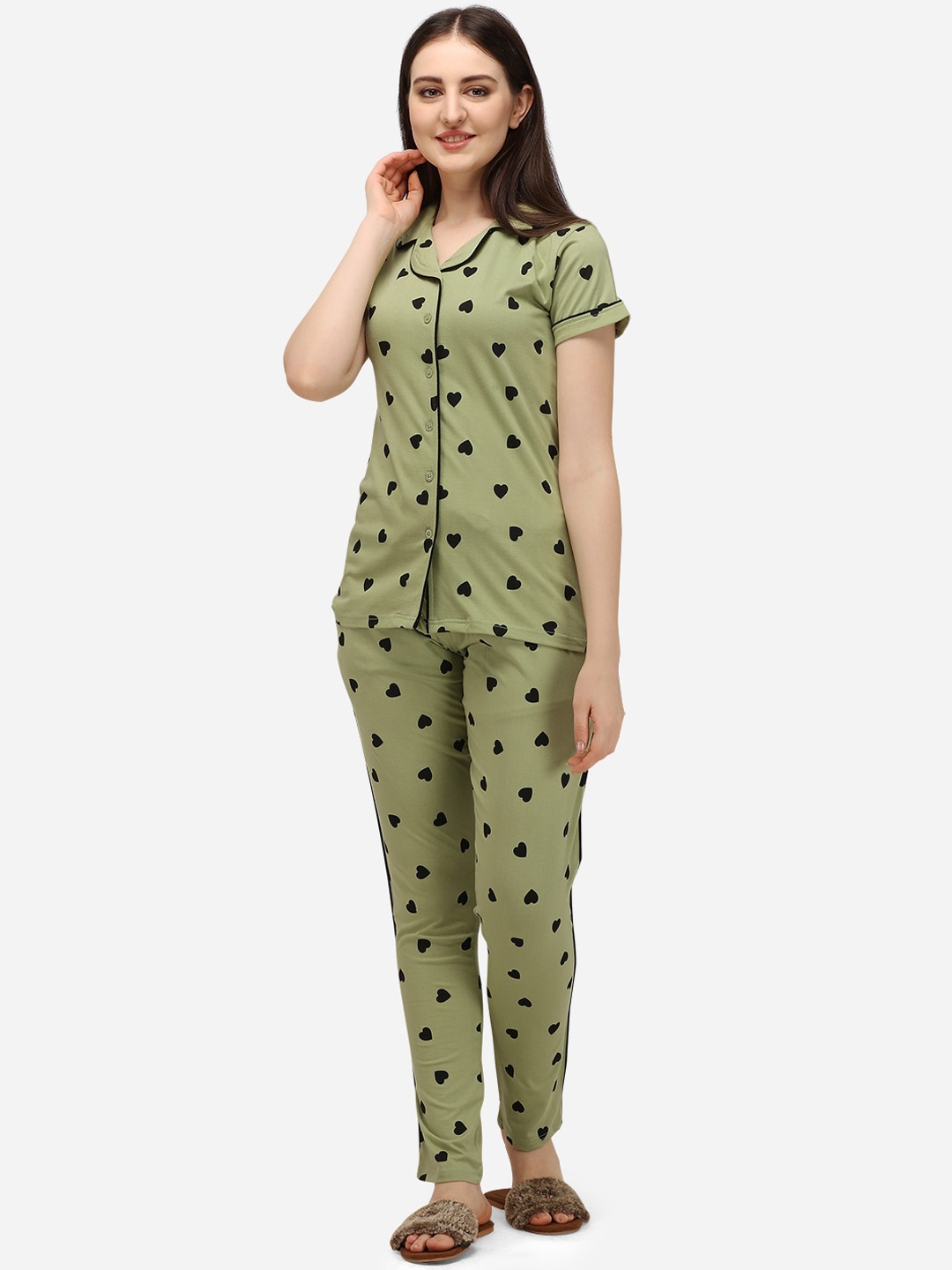 

Lenissa Women Olive Green & Black Heart Printed Pyjama Set