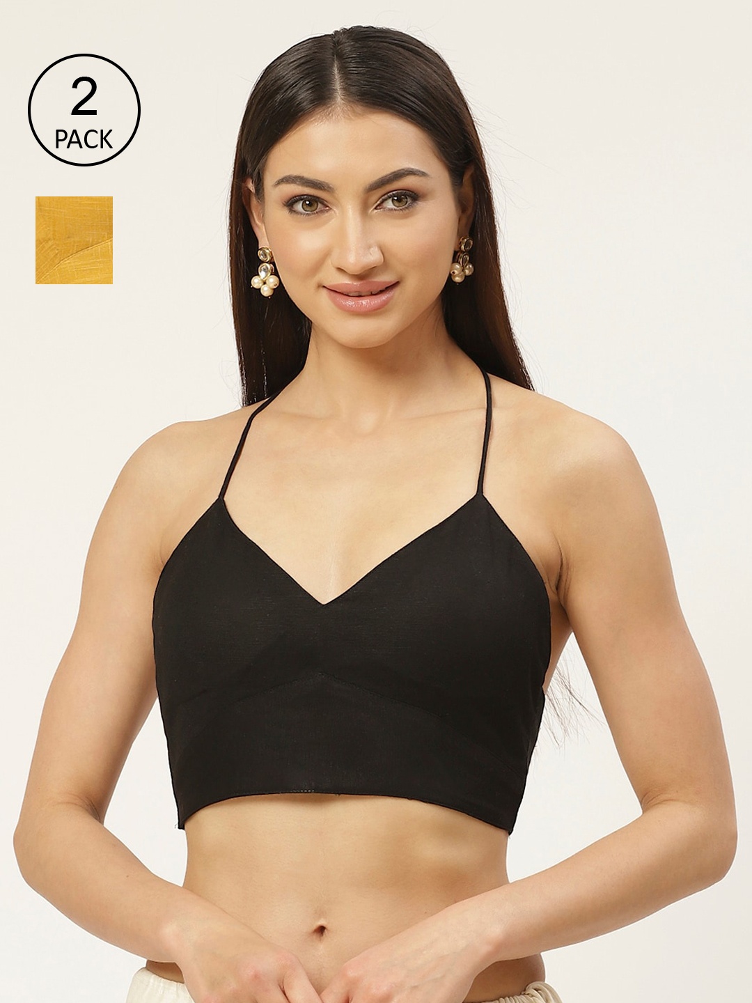 Molcha Women Pack Of 2 Solid Cotton Saree Blouses, Black