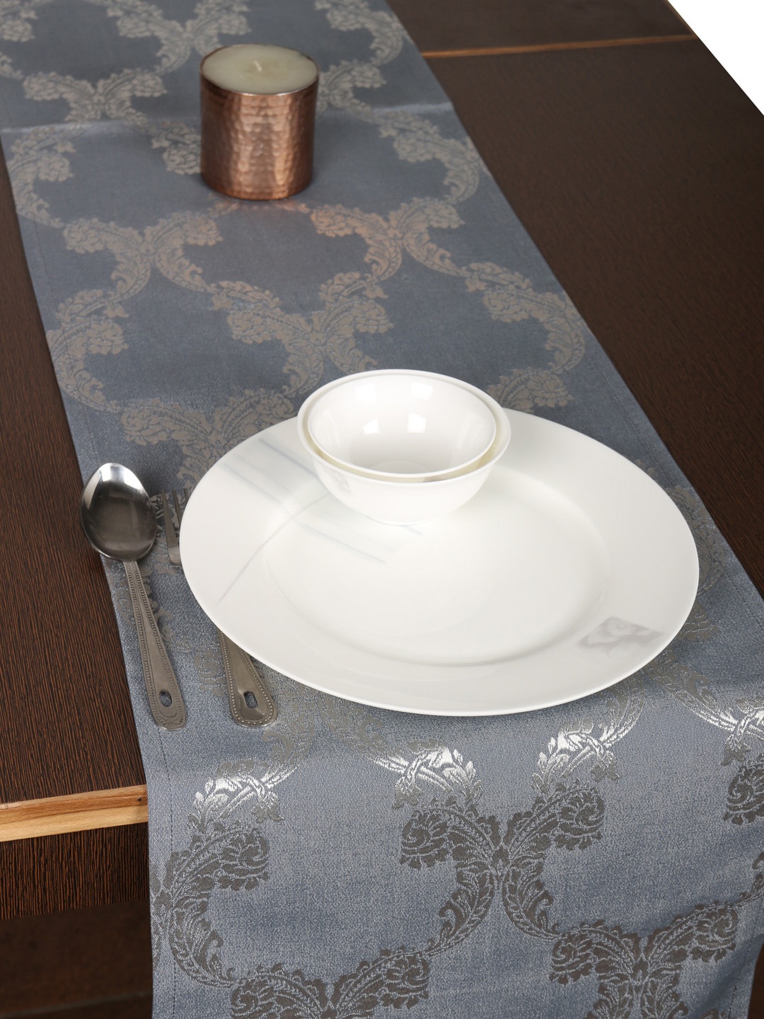 

Home Blue & Silver-Toned Woven Design Table Runner