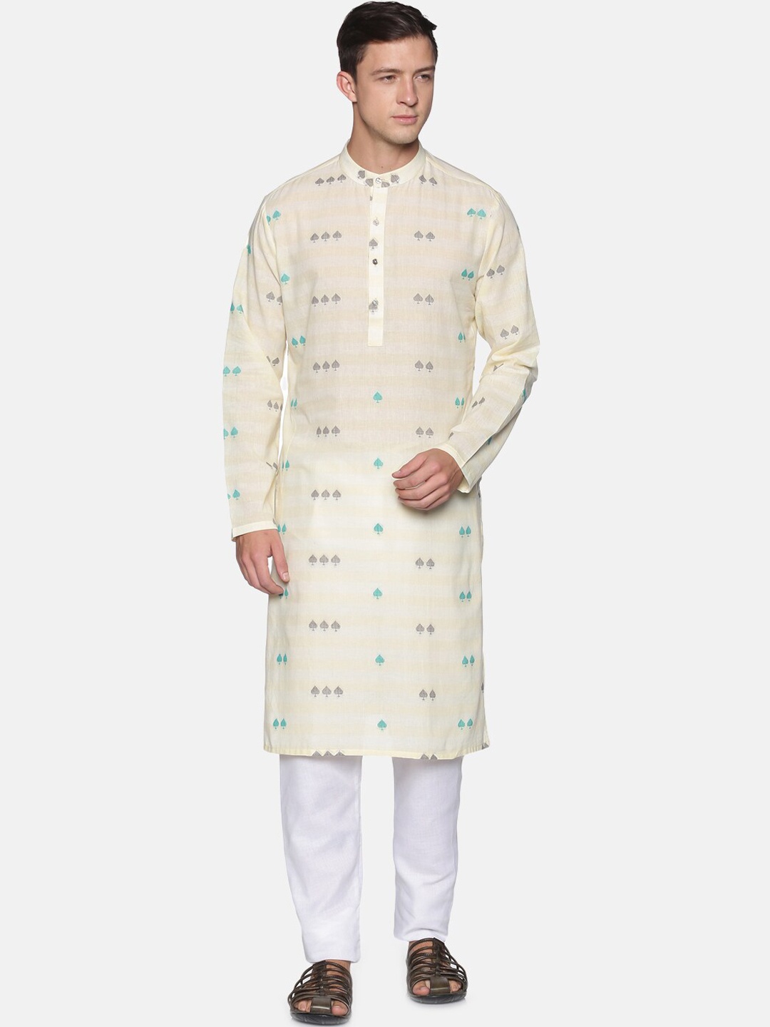 

Saffron Threads Men Cream-Coloured striped woven design Kurta