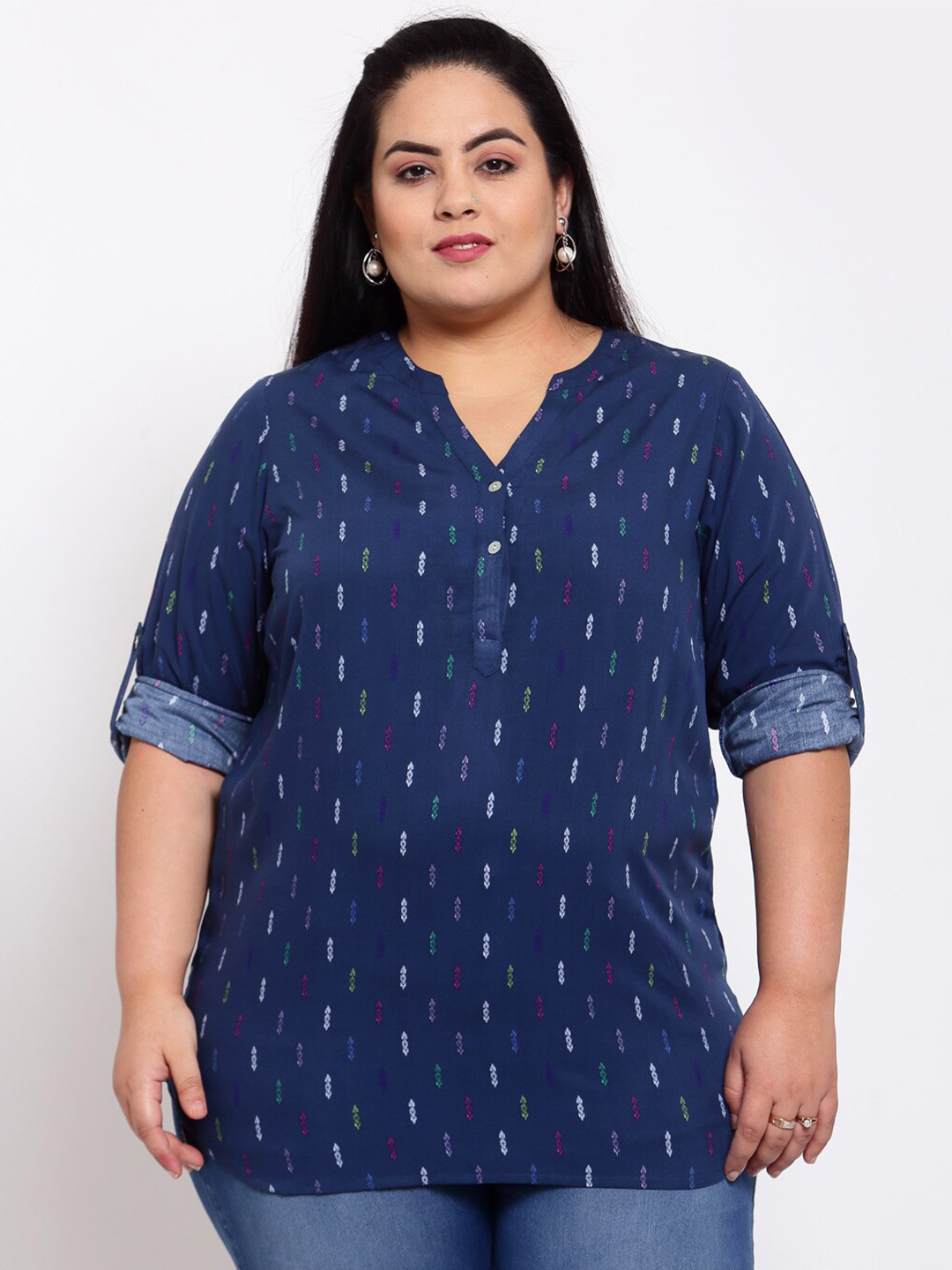

plusS Blue Geometric Embroidered Mandarin Collar Shirt Style Top