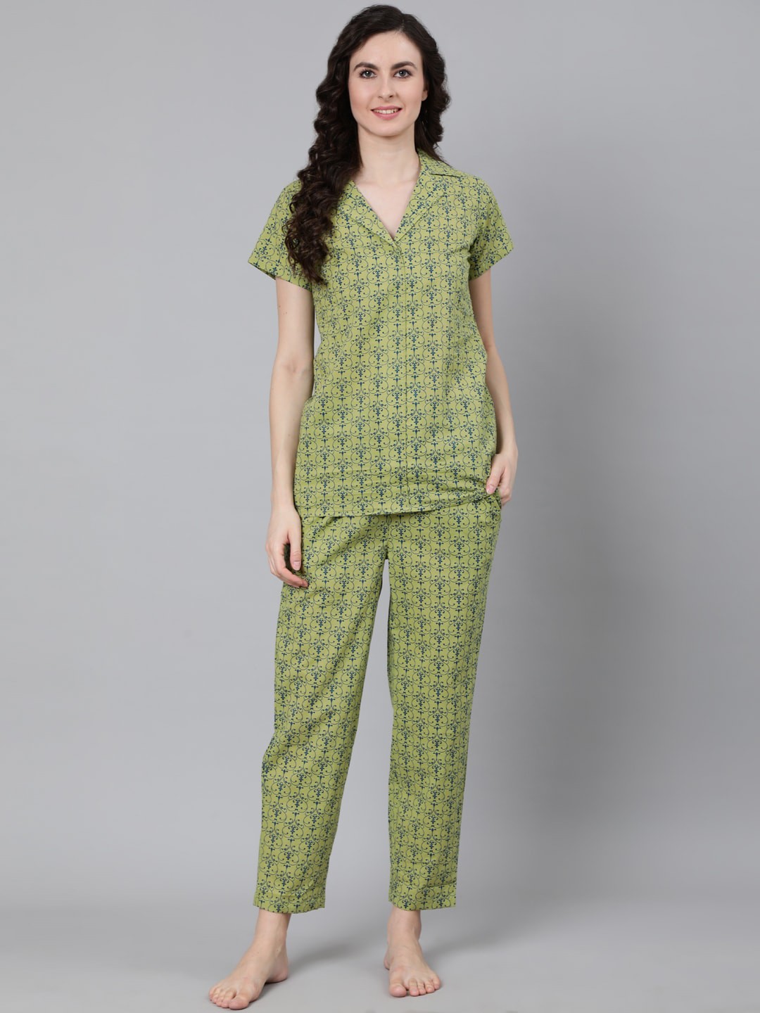 

Nayo Women Green & Blue Ethnic Motif Print Pure Cotton Pyjamas Set