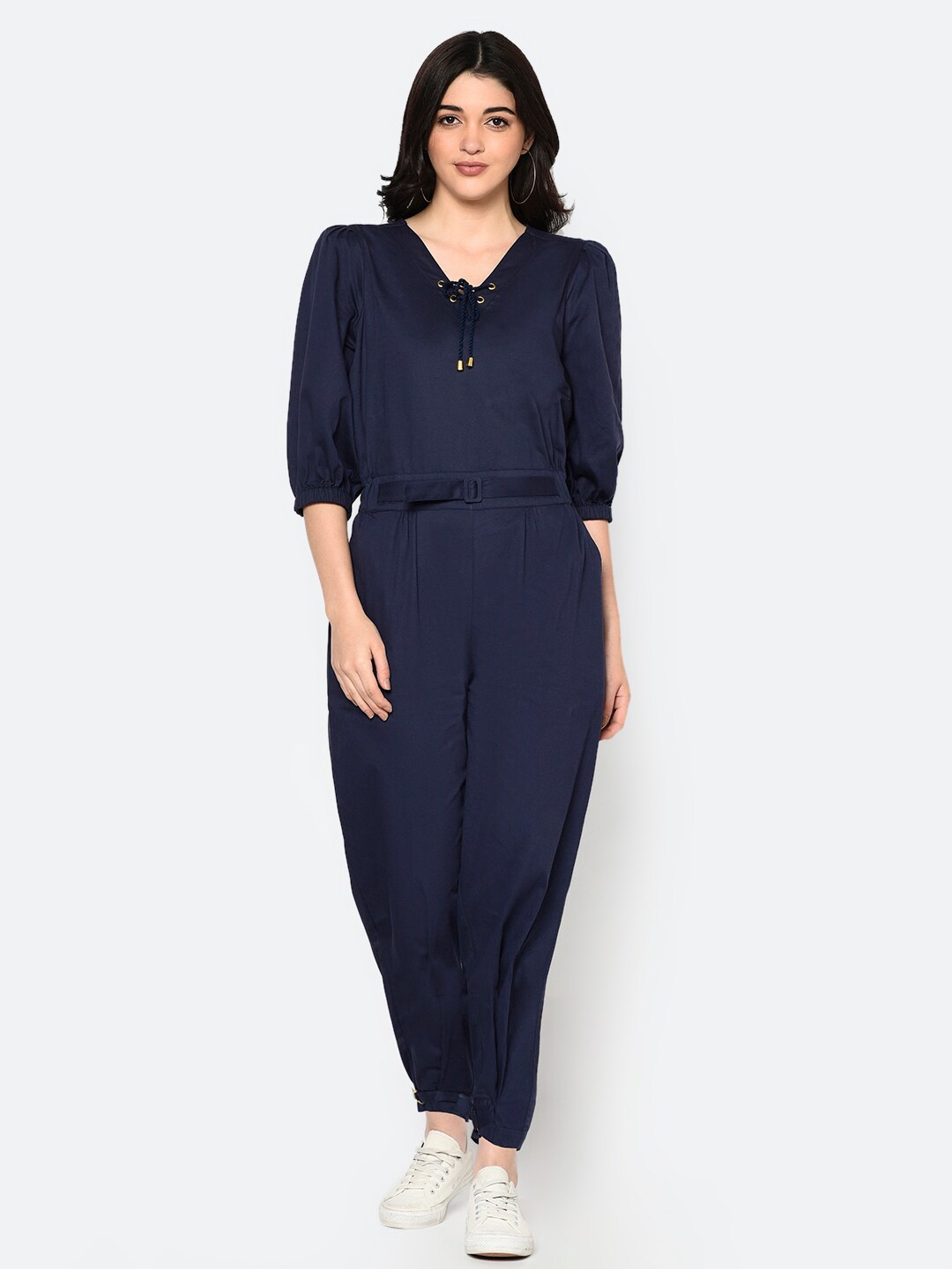 

BLANC9 Women Navy Blue Cotton Solid Basic Jumpsuit