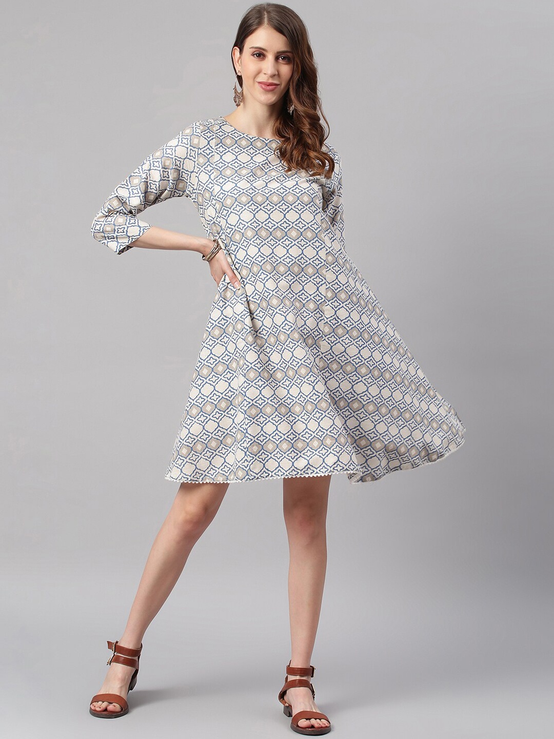 

Janasya Cream-Coloured & peach blush Print A-Line Dress