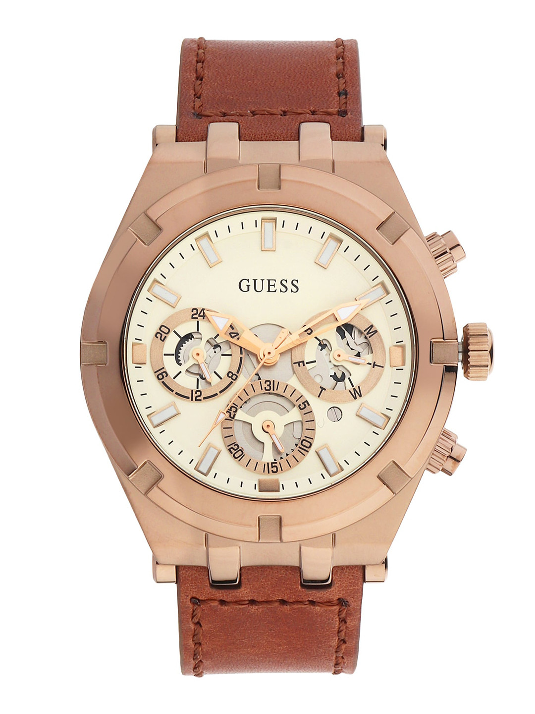 

GUESS Men White Printed Dial & Brown Leather Straps Analogue Watch