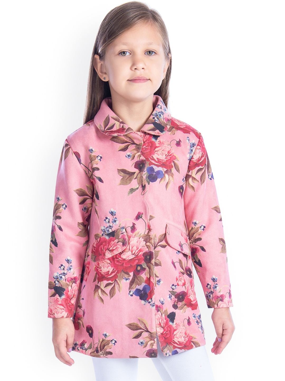 

Cherry Crumble Girls Pink & Olive Green Floral Printed Suede Trench Coat