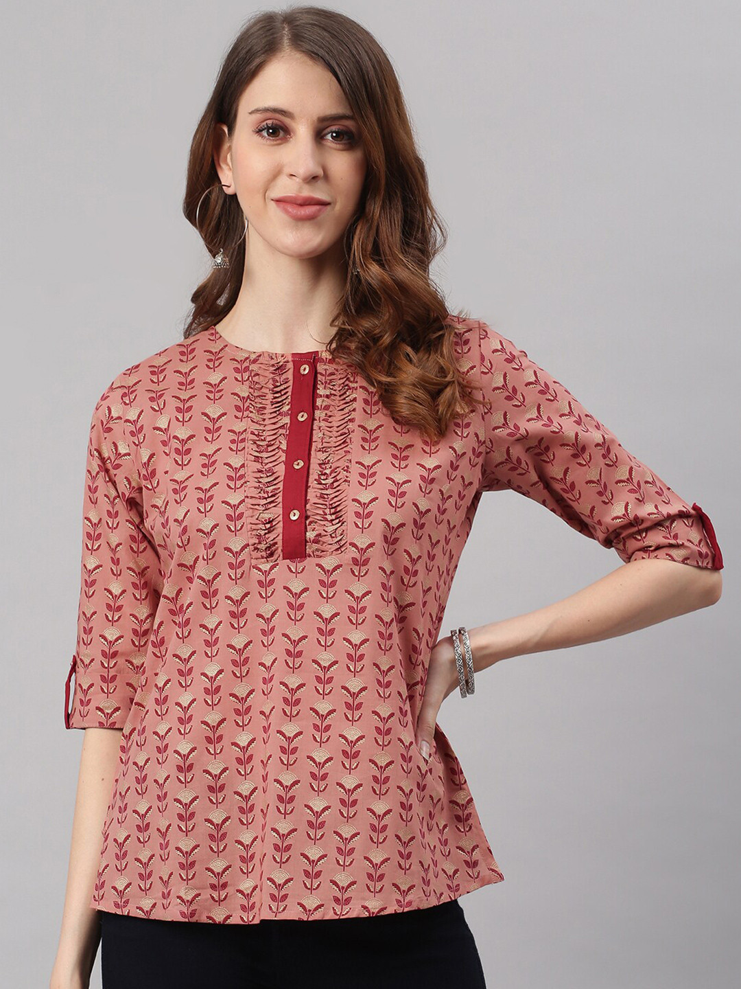 

Janasya Peach-Coloured & Maroon Regular Top