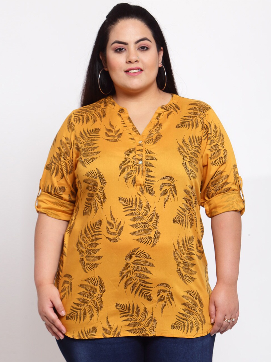 

plusS Mustard Yellow & Black Floral Mandarin Collar Tropical Shirt Style Top