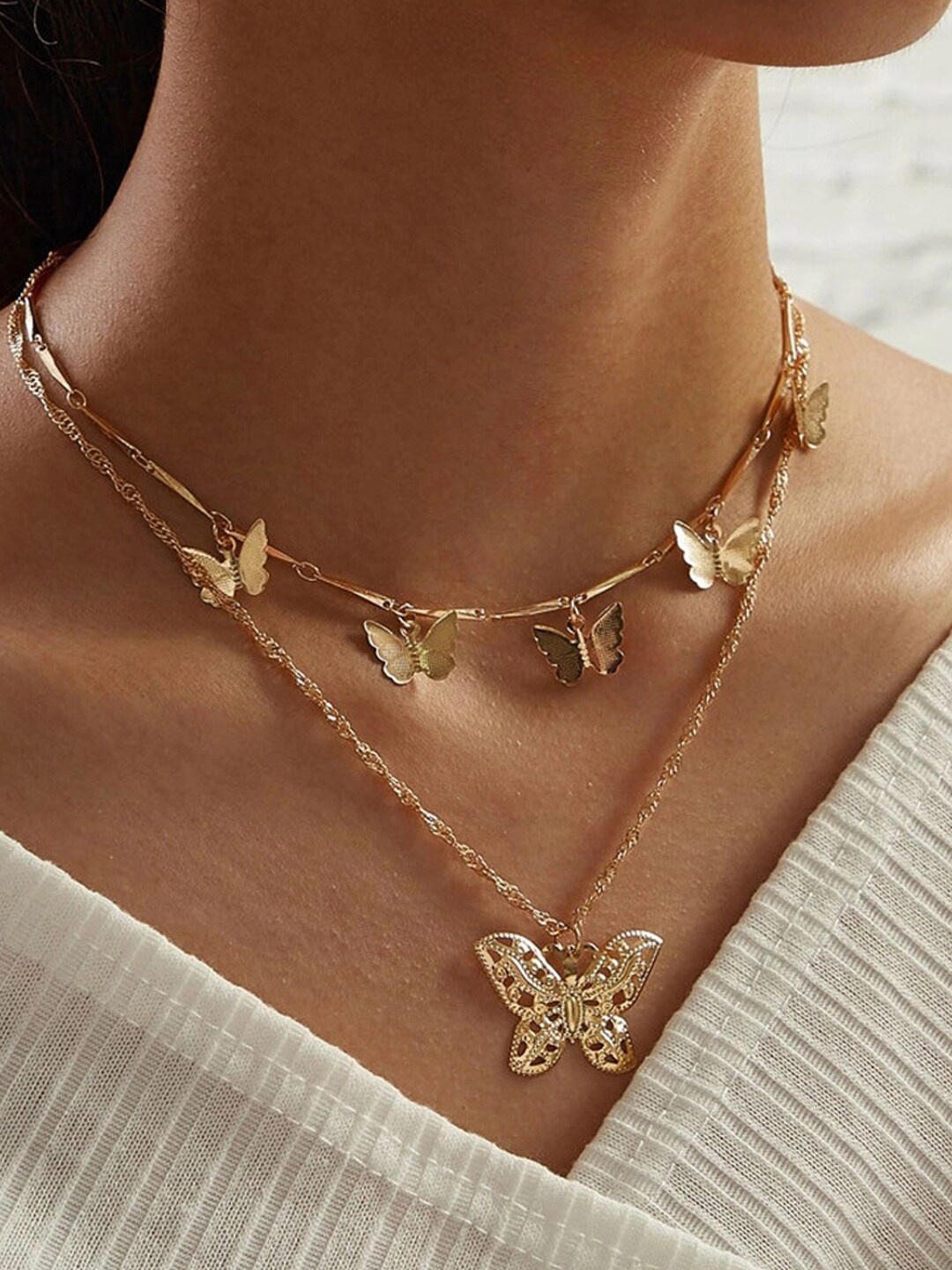 

Shining Diva Fashion Gold-Plated Butterfly Layered Necklace