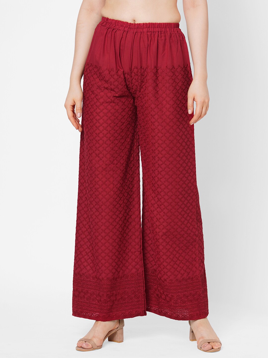 

RedRound Women Red Ethnic Motifs Embroidered Chikankari Cotton Wide Leg Palazzos