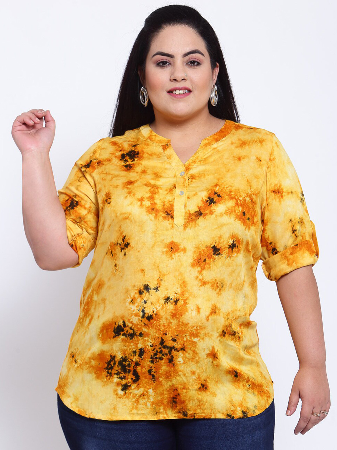 

plusS Yellow & Brown Tie and Dye Mandarin Collar Shirt Style Top