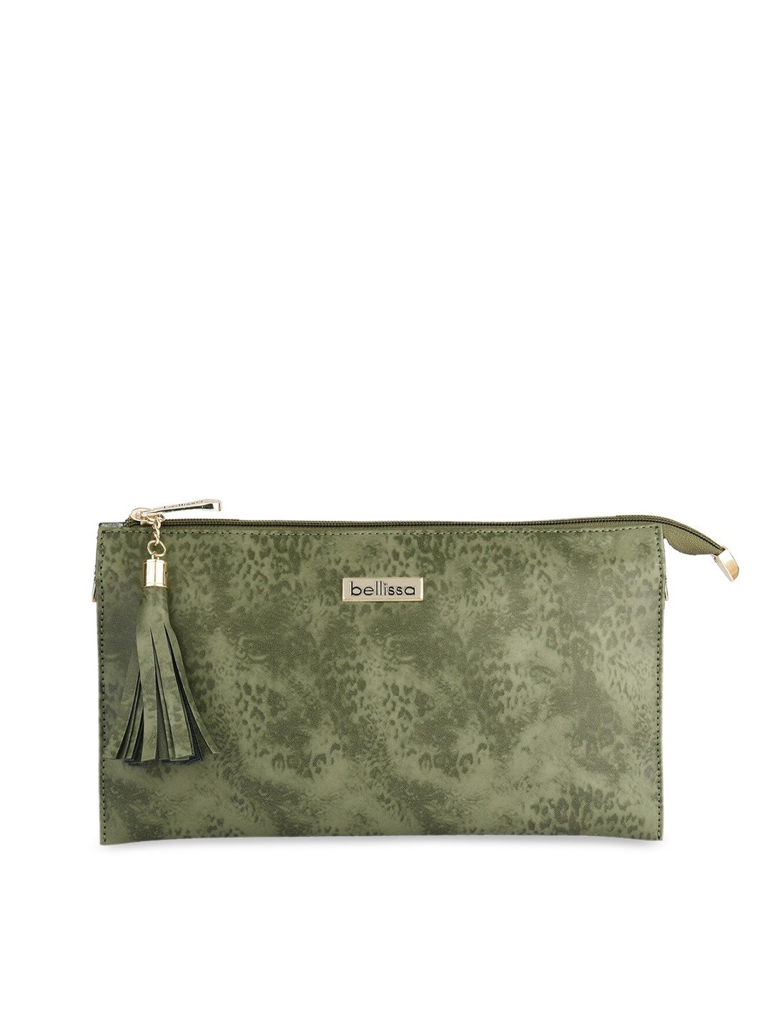 Bellissa Olive Green Abstract Printed PU Structured Sling Bag With Tasselled