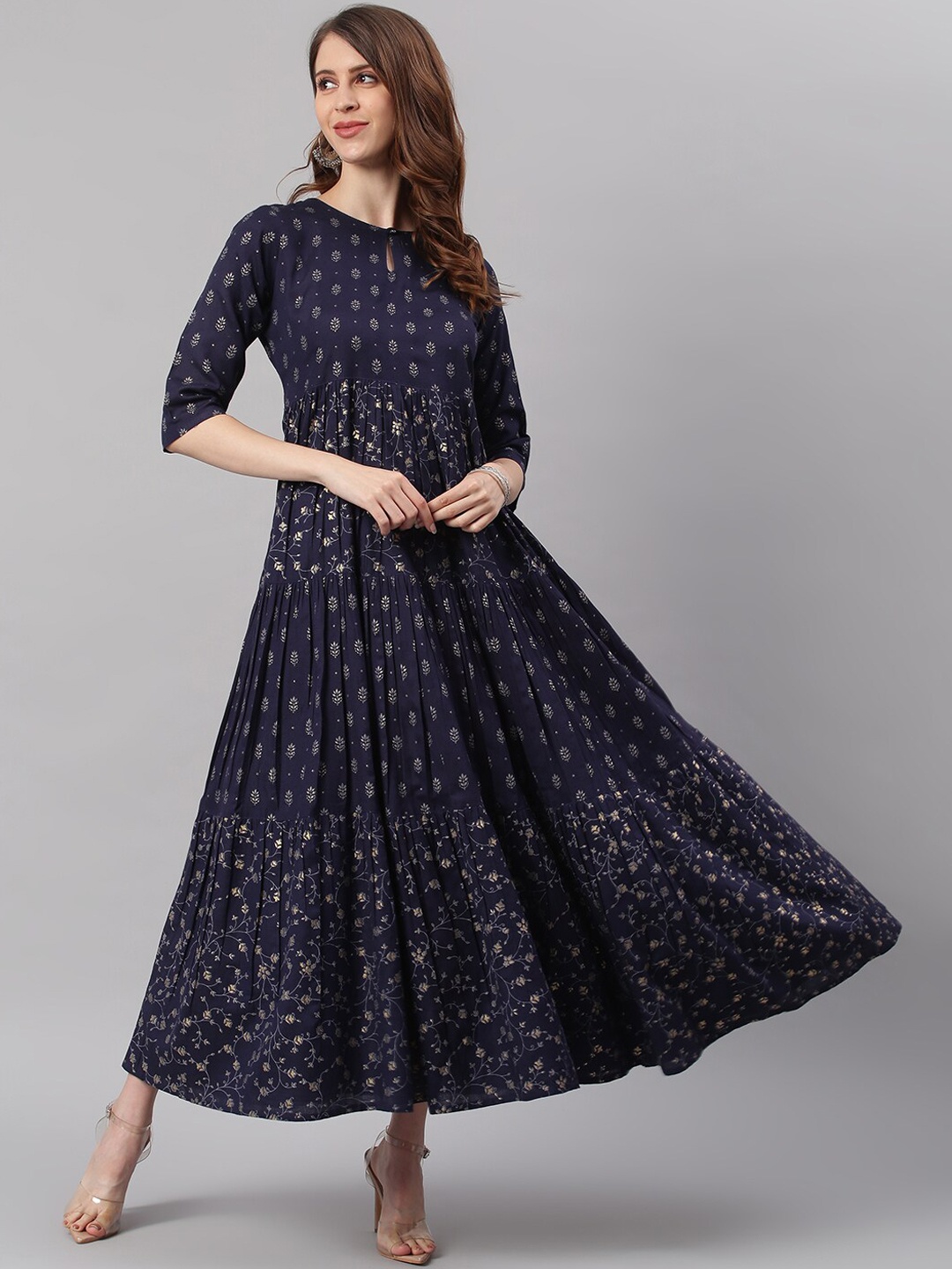 

Janasya Navy Blue & White Ethnic Motifs Keyhole Neck Cotton Maxi Dress