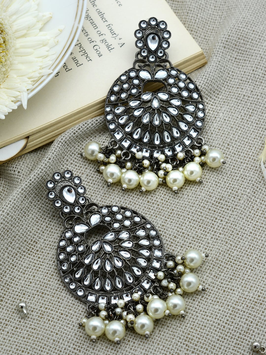 

TEEJH Silver-Toned Contemporary Chandbalis Earrings