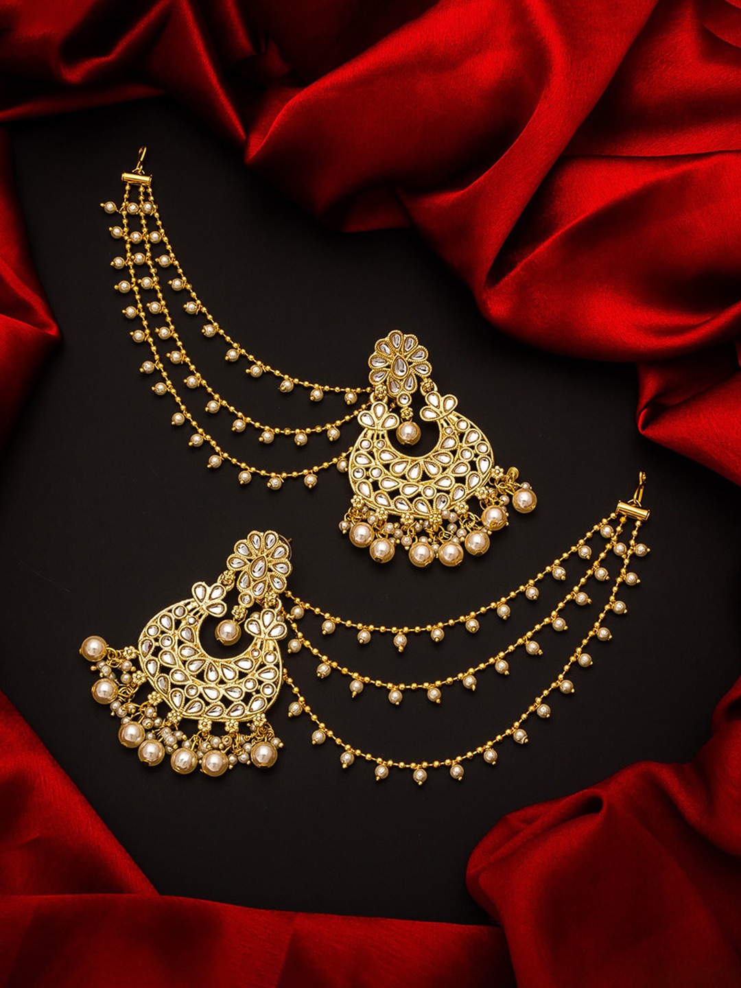 

aadita Gold-Toned & White Pearls Studded Contemporary Chandbalis Earrings With Hair Chain