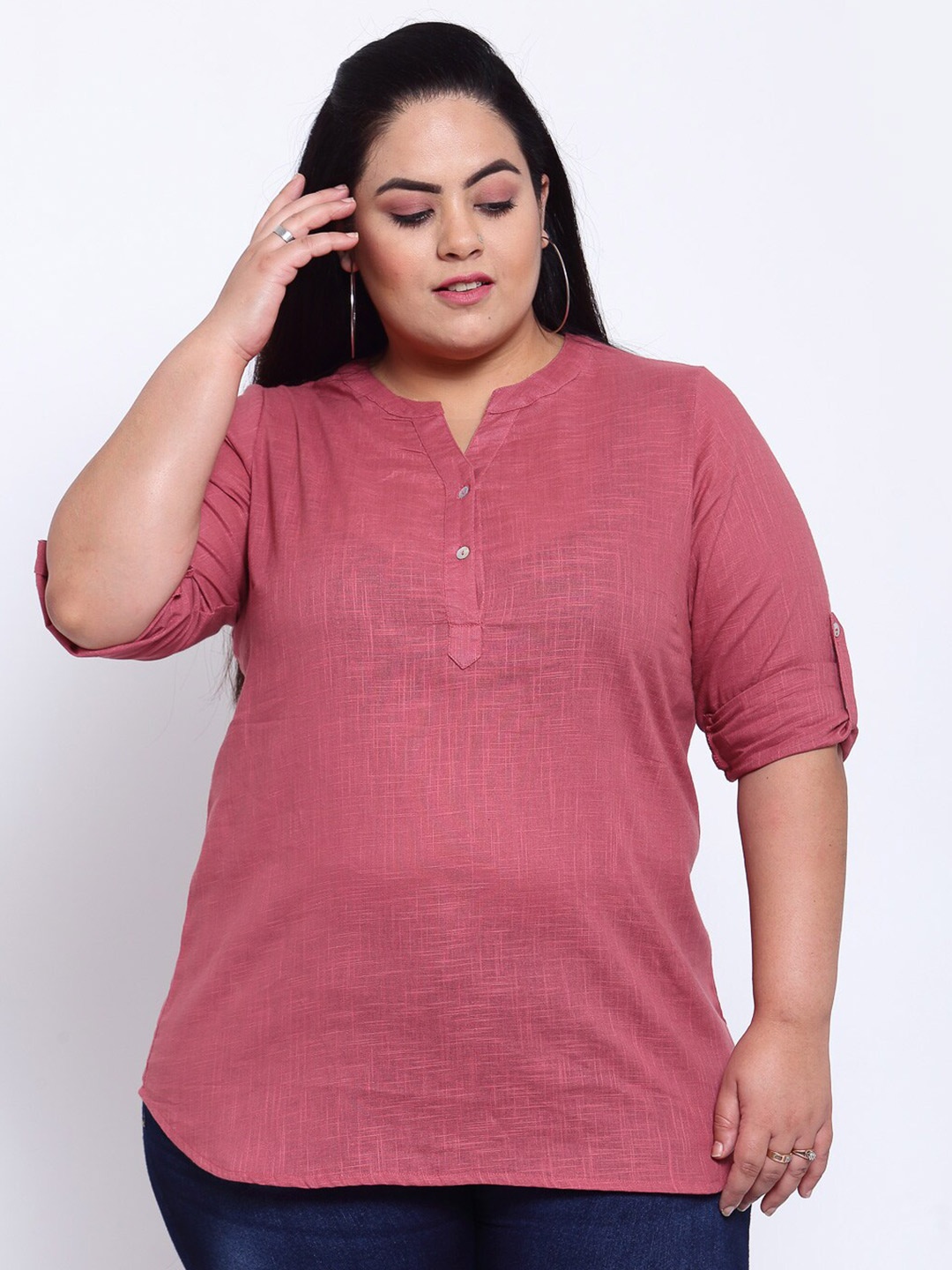 plusS Pink Mandarin Collar Shirt Style Top