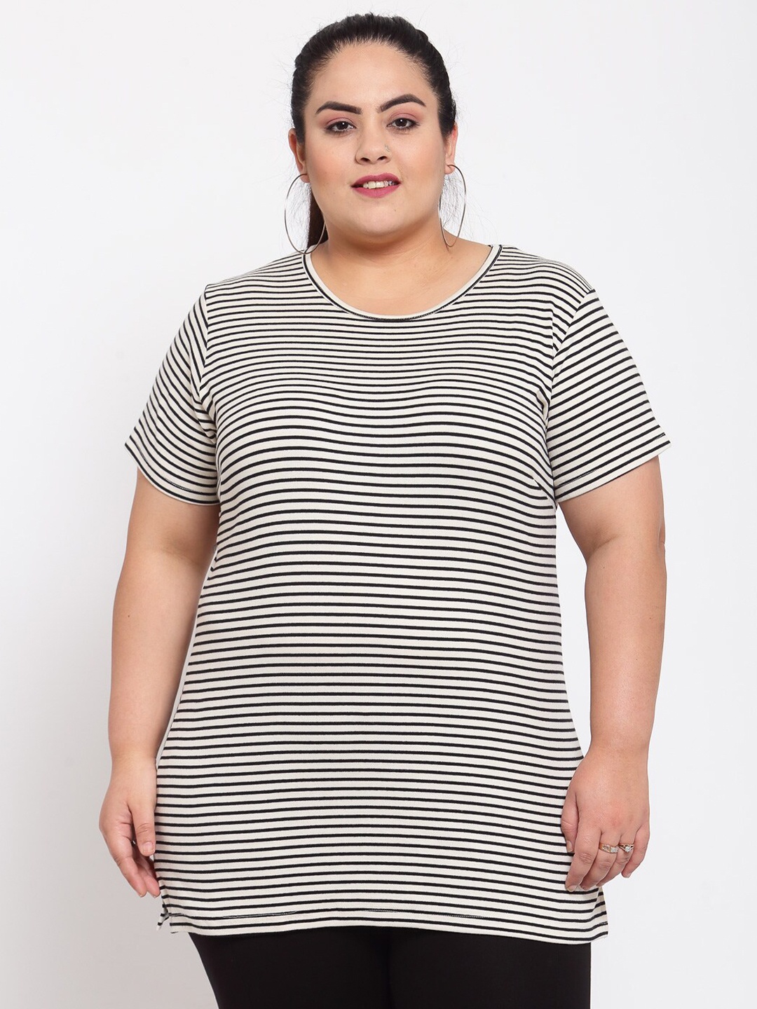 

plusS Women Beige & Black Striped Monochrome T-shirt